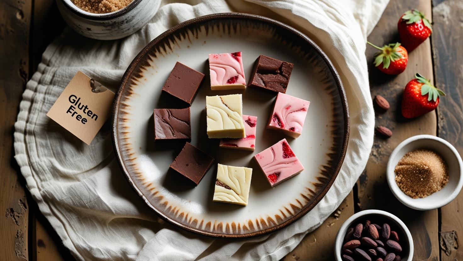 Plate of gluten-free chocolate fudge squares on a wooden table with strawberries and a 'Gluten Free' tag.