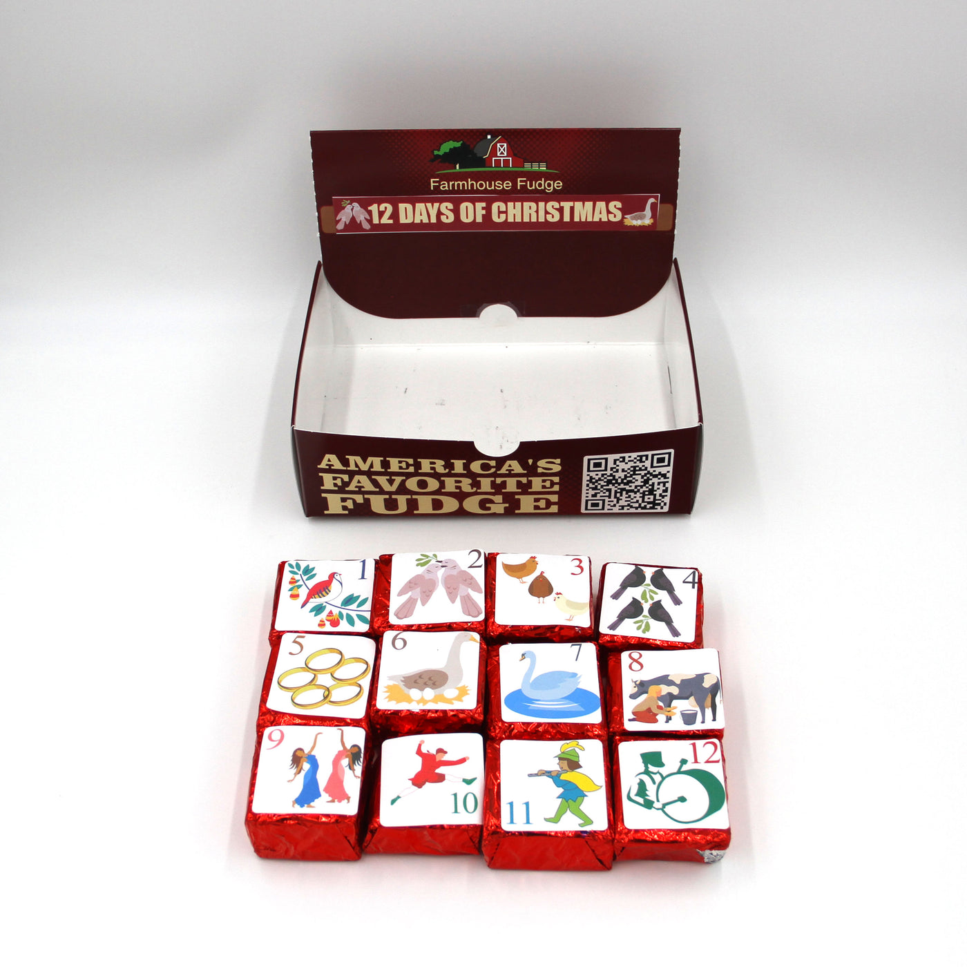Box of '12 Days of Christmas' fudge with colorful illustrations on a white background