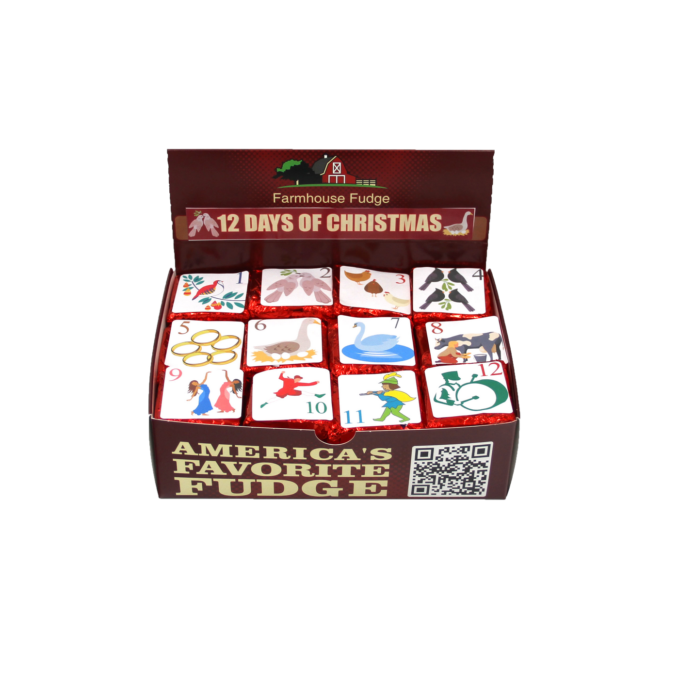 Box of '12 Days of Christmas' fudge with illustrations on a white background