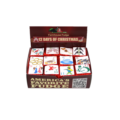 Box of '12 Days of Christmas' fudge with illustrations on a white background