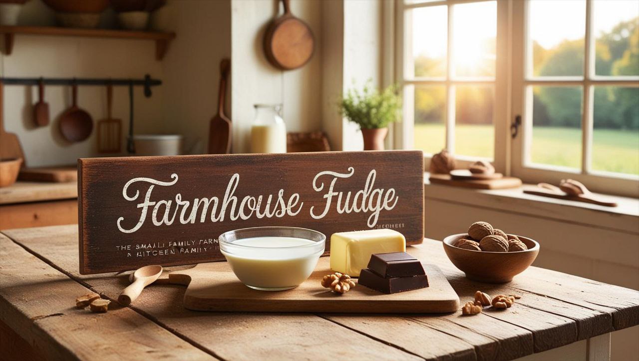 Farmhouse fudge display on a wooden table with 'Farmhouse Fudge' sign.