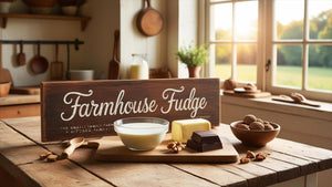 Farmhouse fudge display on a wooden table with 'Farmhouse Fudge' sign.