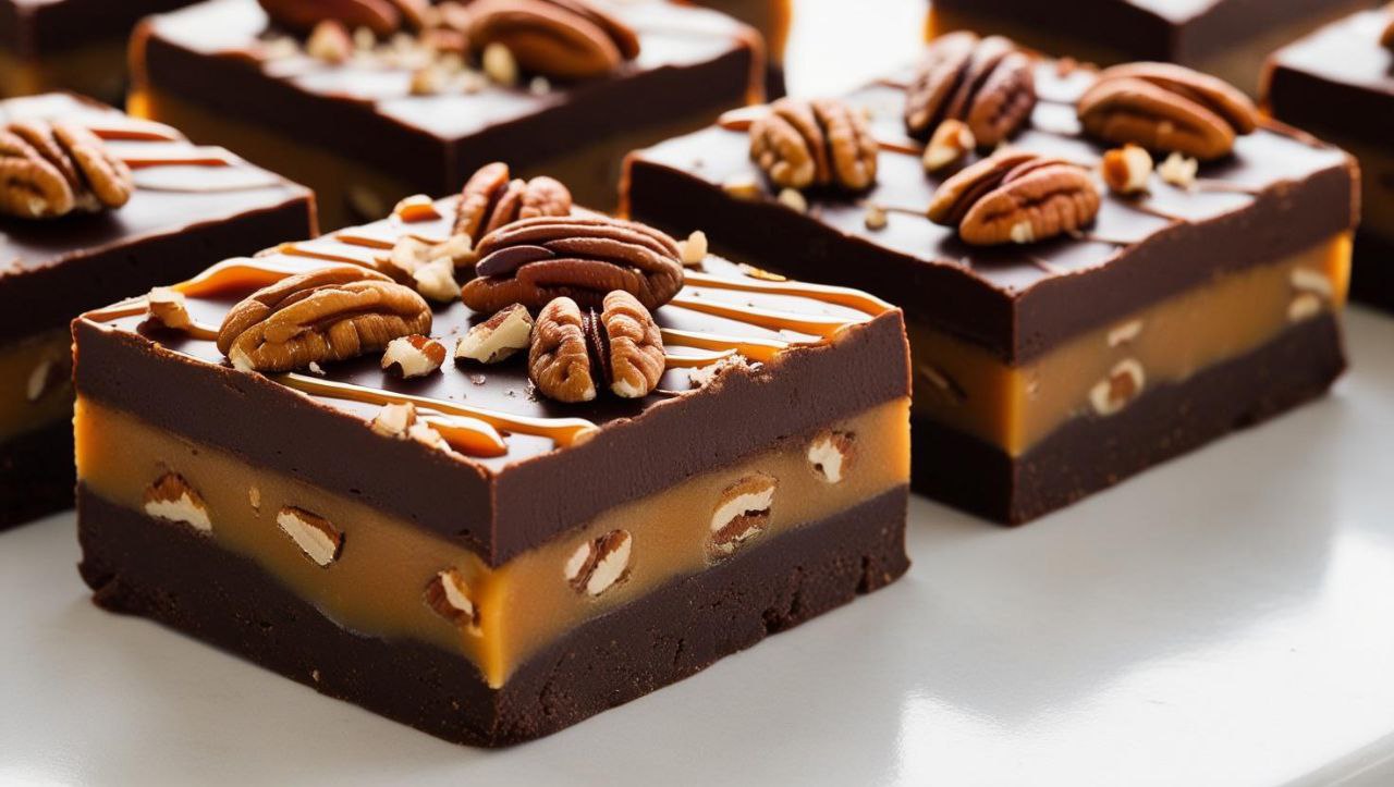 Chocolate bars with caramel and pecans on a white surface