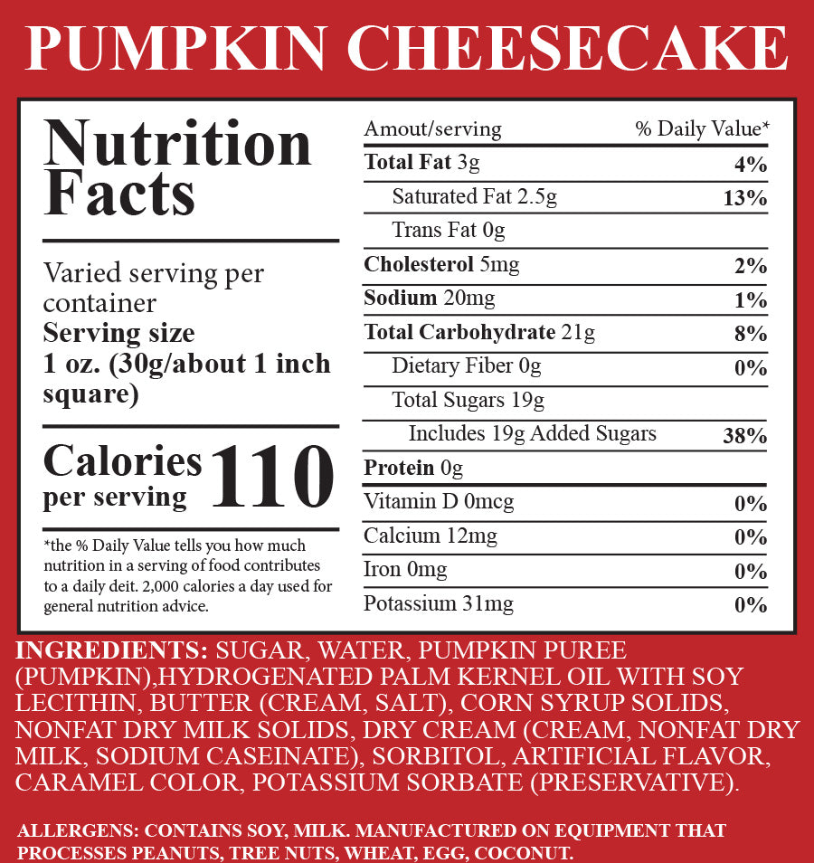 Nutrition facts label for pumpkin cheesecake with red background