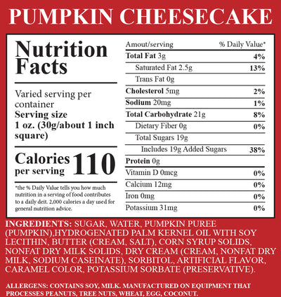 Nutrition facts label for pumpkin cheesecake with red background