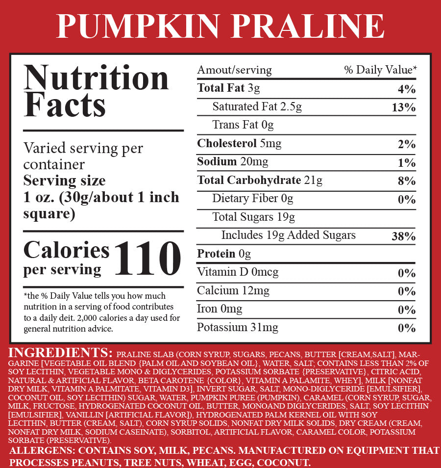 Nutrition facts label for pumpkin praline on a red background