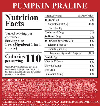 Nutrition facts label for pumpkin praline on a red background