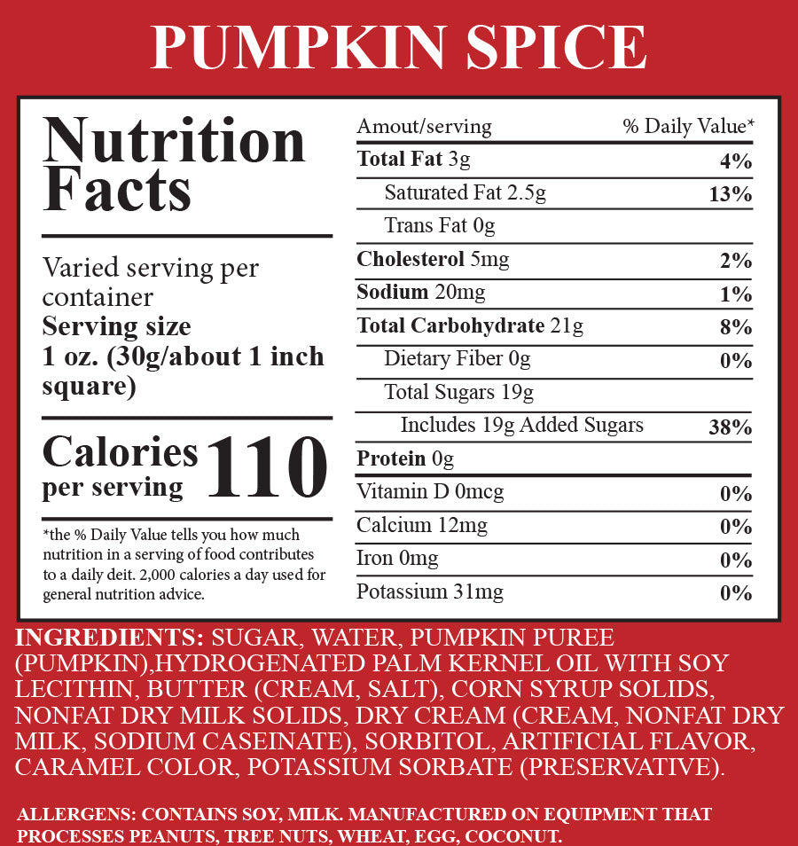Nutrition facts label for pumpkin spice on a red background