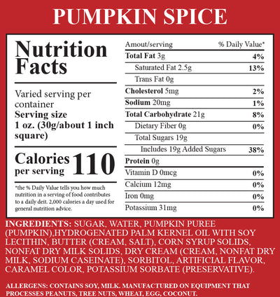 Nutrition facts label for pumpkin spice on a red background