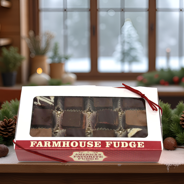 Box of Farmhouse Fudge with a festive background