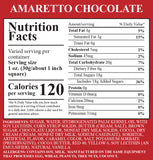 An Nutrition Label for the Amaretto Chocolate Fudge.  Important Allergen Information:  Contains Soy, Milk.  Manufactured on the same equipment that processes Egg, Wheat, Peanuts, Tree Nuts, Coconut.