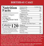 A Nutrition Label for the Birthday Cake Fudge.  Important Allergen Information:  Contains Soy, Milk.  Manufactured on the same equipment that processes Wheat, Egg, Peanuts, Tree Nuts, Coconut. 