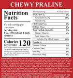 The Nutrition Label for Chewy Praline.  Important Allergen Information:  Contains Soy, Milk, Pecans, Coconut.  Manufactured on the same equipment that processes Wheat, Egg, Peanuts, Other Tree Nuts.