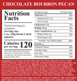 The Nutrition Label for Chocolate Bourbon Pecan.  Important Allergen Information:  Contains Soy, Milk, Pecans.  Manufactured on the same equipment that processes Egg, Wheat, Peanuts, Tree Nuts, Coconut, Walnuts.
